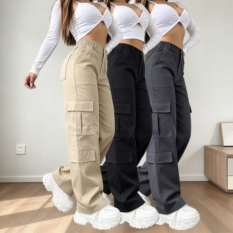 Lady's High-Waisted Lightweight Cargo Trousers - Elastic Waistband, Straight-Leg Long, Multiple Pockets, Fitted Style - Fashion Everyday Casual Women's Clothes Products Bottoms