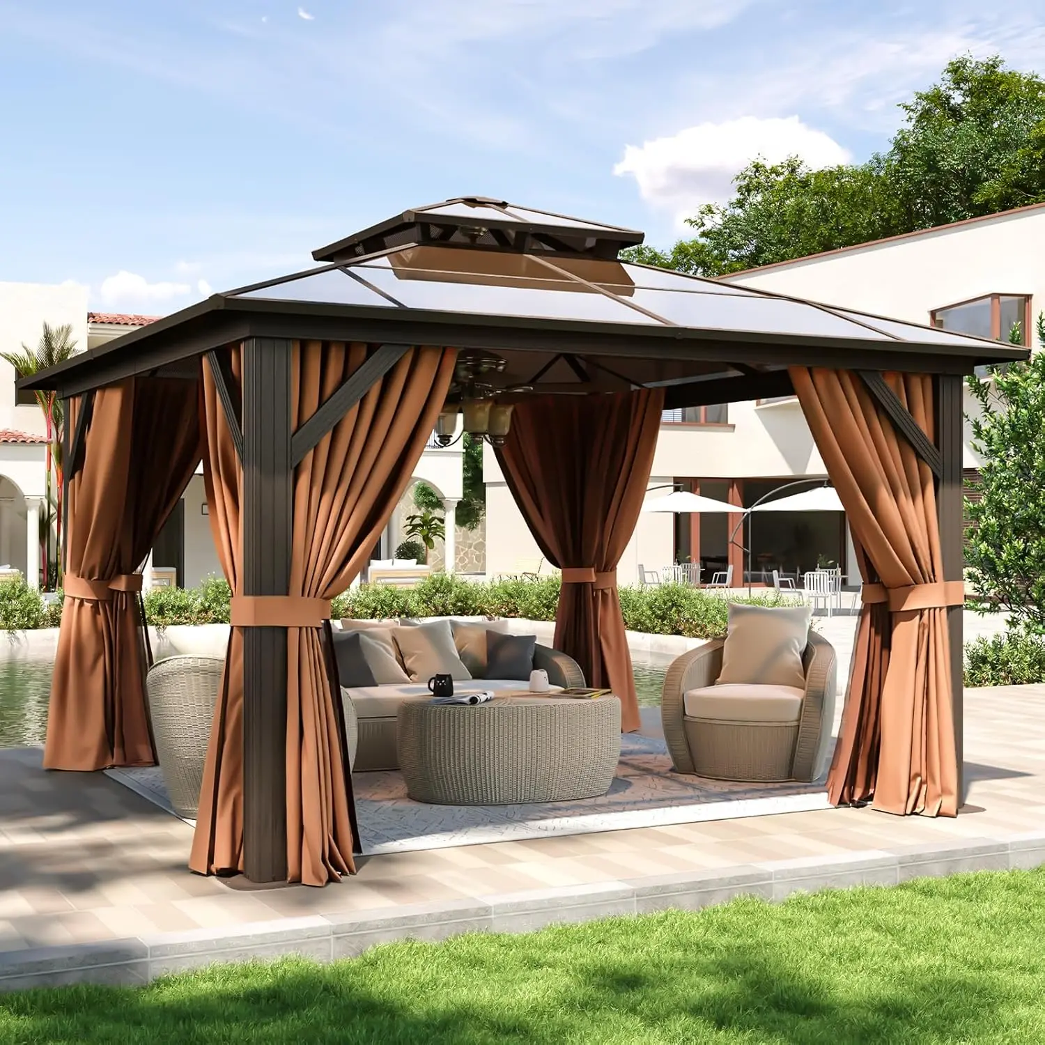 Jolydale Hardtop Gazebo, Metal Frame PermanentPavilion with Curtains and Netting, Outdoor PolycarbonateDouble Roof Canopy, Designed for Garden, Lawns, Patio