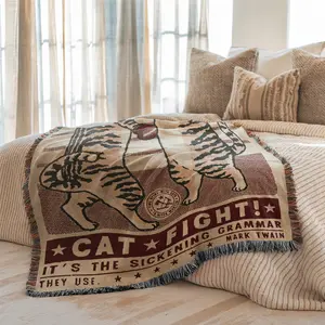 Multi-Function Tassel Woven Blanket - Boxing Cat Pattern Bed Blanket, Also for Sofa Cover Couch Throw Blanket Armchair Home Decor Room Wall Art Tapestry Furniture Slipcover Tablecloth Shawl Outdoor Picnic Camping Beach Towel Office Nap Hippie