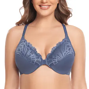 MELENECA Women's Underwire Plunge Bra - Racerback Straps, Front Closure, Full Coverage, Unlined, Plus Size, Adjustable, Lace, Mesh Wings, Bottom Support, Top Clothes, Hand Wash Only summervibes