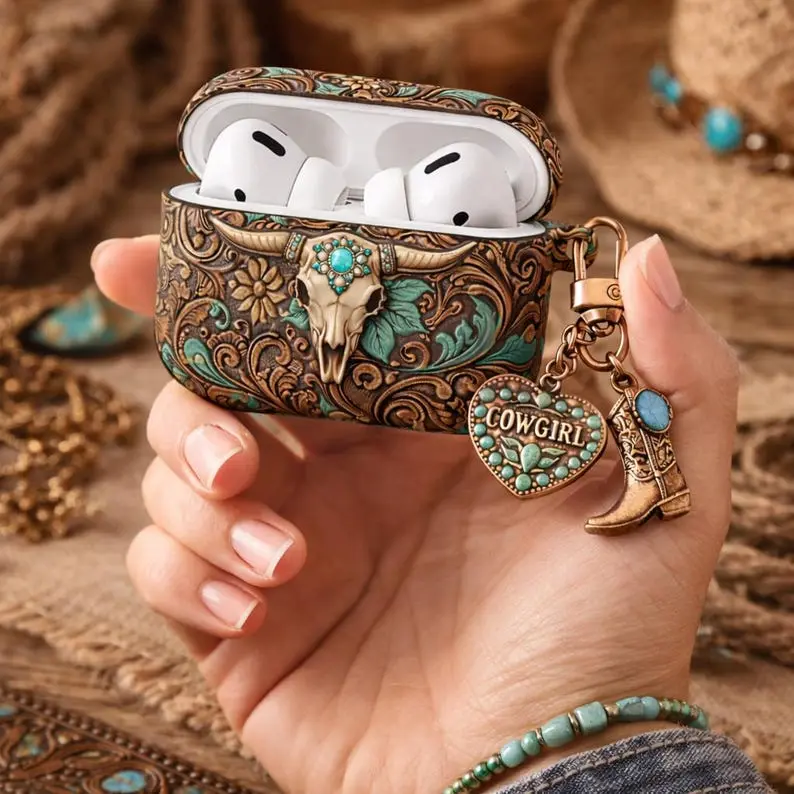 NO KEYCHAIN INCLUDED Long Horn Bull Skull Western Cowgirl Floral AirPods Case, Turquoise Tooled Leather Print Style Cover for AirPods Gen 1 2 3 4, Mexican Rustic