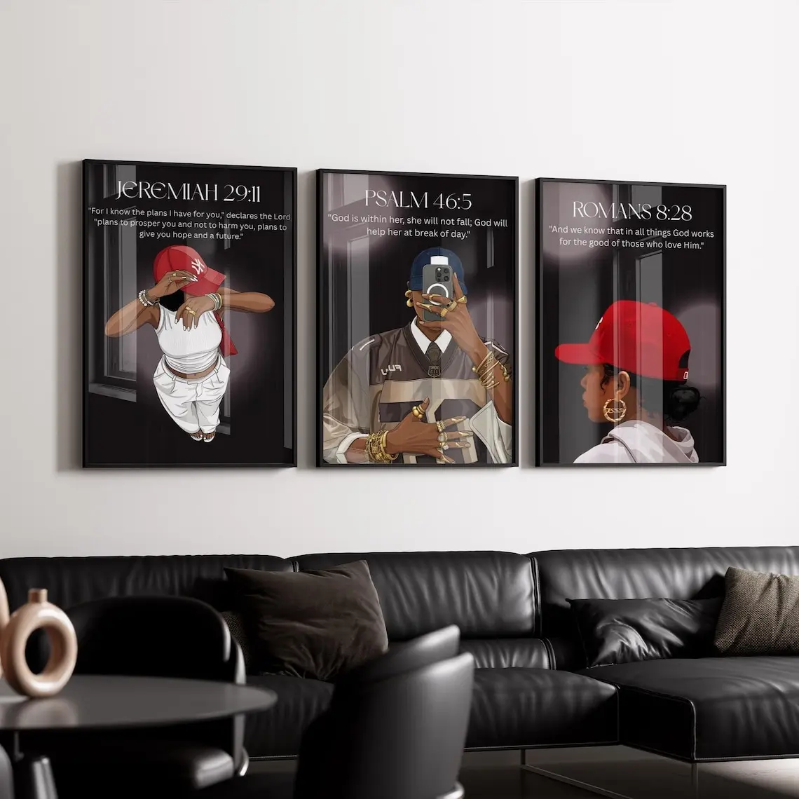 Set of 3 Black Christian Girl Wall Art - Bible Verses Glossy Paper Prints, Fade-Resistant Multi-Size Christian Faith Girl Room Decor