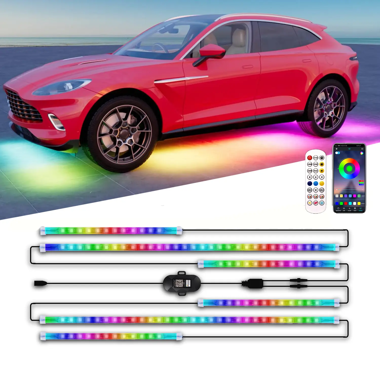 Unionlux Car Underglow RGB Flow LED Strip Lights, 6PCS RGBIC Smart LED Lights with 16 Million Colors, App and Remote Control, Waterproof Dream Color Chasing Neon Accent Strip Lights for SUVs, Trucks, DC 12-24V