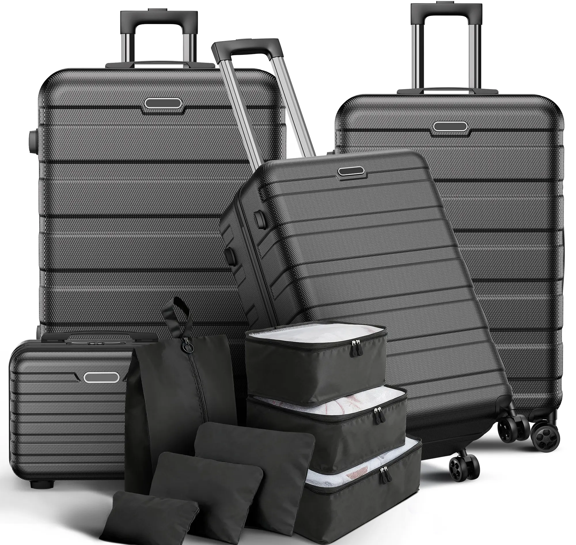Famistar Carry On Luggage Suitcase Set 11 Piece - ABS Hardshell Luggage with Combination Lock, 360 ° Double Spinner Wheels - 14” Travel Case, 20” Carry On Luggage, 24” and 28” Checked Luggages, Black