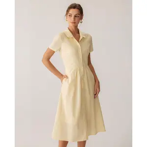 Rihoas Women's Waisted Soft Yellow Short-Sleeve Linen-Cotton Lined Midi Dress - Classy, Functional, Effortless Casual Dresses, Office Wear, Pockets, Shortsleeve