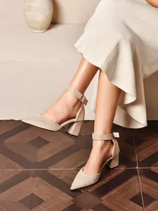 Women's Suede Pointed Toe Ankle Strap Block Heel Pumps, Elegant Style Shoes, Comfortable & Durable Design #BlockHeels #AnkleStrap #PointedToe #WomensFootwear