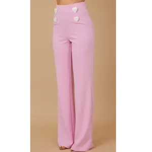 HIGH WAIST FASHION PANTS WITH HEART BUTTON DETAIL - ZIPPER IN THE BACK