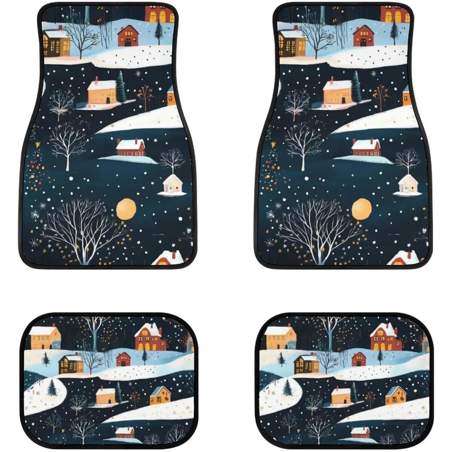 Hand Drawn Snowy Night Town Car Floor Mat Set with Dreamy Winter Snow Scene Pattern Car Floor Mat, Auto Foot Mats All Weather Universal Fit Car Decor Accessories Fit for SUV, Vans, Sedans, Trucks