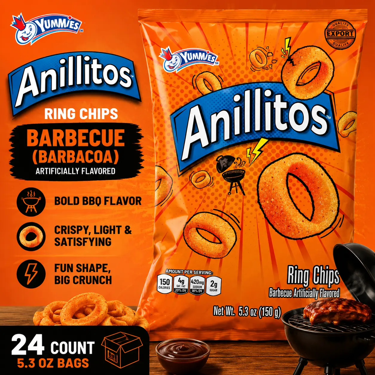 Yummies Anillitos Ring Chips Barbacoa BBQ 5.3 oz 24 Count Imported Mexican Snack Chips