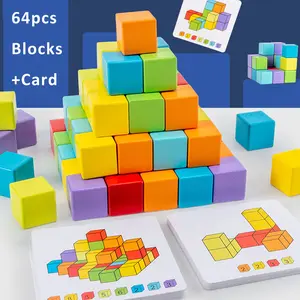 Hatwoo Wooden Cube Toy Building Blocks for Kids, Blocks with pattern Cards, 3D Space Stacking Game STEM Educational Preschool Learning Sensory Toy Counting Math Color Cognition