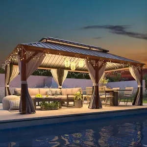 12' x 20' Hardtop Gazebo Faux Wood Grain Metal Gazebo with Aluminum Frame, Galvanized Steel Double Roof, Outdoor Patio Gazebo Pergolas with Netting and Curtains for Backyard, Patio, Lawns