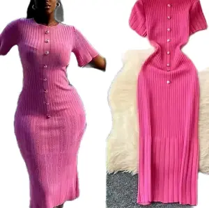 Women's Pink Ribbed Knit Dress with Short Sleeves and Button Front Design for Casual Wear Comfortable and Stylish Summer