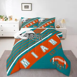 Sports Themed Comforter Set,Football City Style 3D Rugby Helmet Design Duvet Set,Bed Comforter Set,Green Orange(Miami)