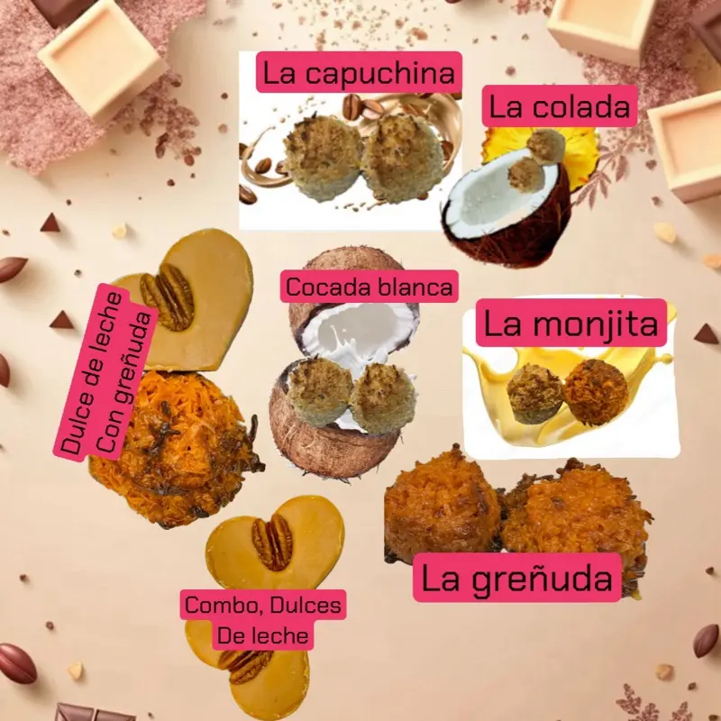 Paquete Especial Six. Cocas of different flavors and three dulce de leche candies. Seis cocadas de diferentes sabor y tres dulces de leche.