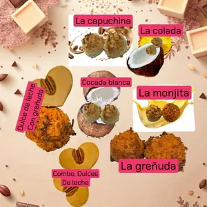 Paquete Especial Six. Cocas of different flavors and three dulce de leche candies. Seis cocadas de diferentes sabor y tres dulces de leche.