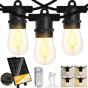 35FT Solar S14 Outdoor String Lights Warm White Waterproof Patio Light with Remote Control & 3W Solar Panel Up to 12H Runtime