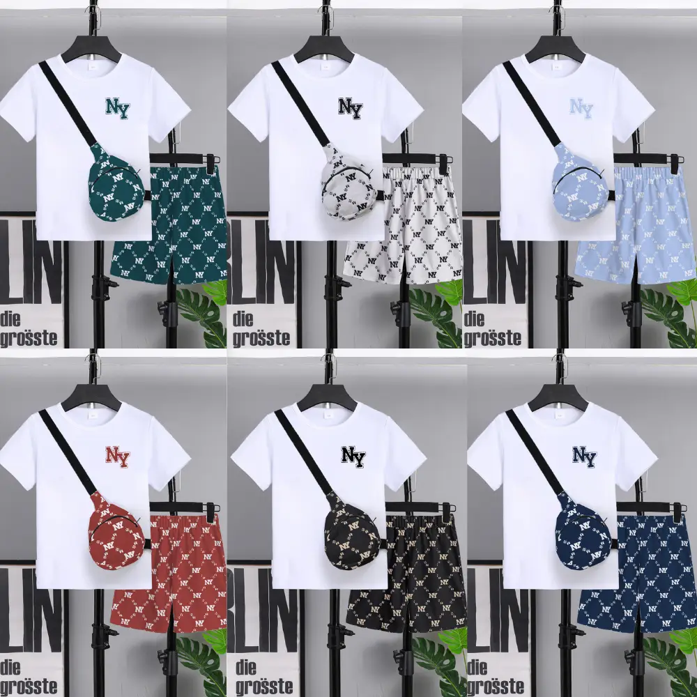 Ready Stock Big Boys Summer Outfits Letter Print Casual Tee Fashion Full Print Shorts With A Satchel 3Pcs Clothes Set (7-15Y,White) 42403013 Outdoorfu