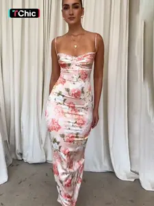 Women's Floral Print Contrast Lace Ruched Split Back Cami Dress, Elegant Ring Linked Adjustable Strap Backless Bodycon Dress for Party Holiday Wedding Guest, Ladies Summer Clothes, Elegant Fitted Dresses, Floral Printed Dress