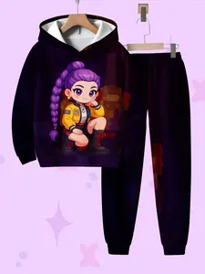 Girls' Hooded Sweatshirt Set, Casual Fitted Print Design, Spring & Fall Wear, Comfortable Moderate Fabric Clothes, Casual Fashion Set