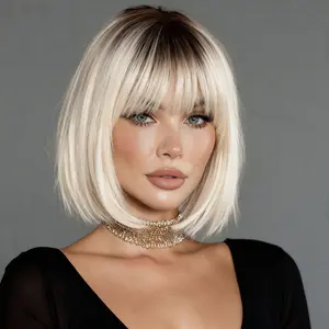 12 Inch Short Bob Wigs With Dark Roots Synthetic Wigs Blonde Ombre For Woman Party Use