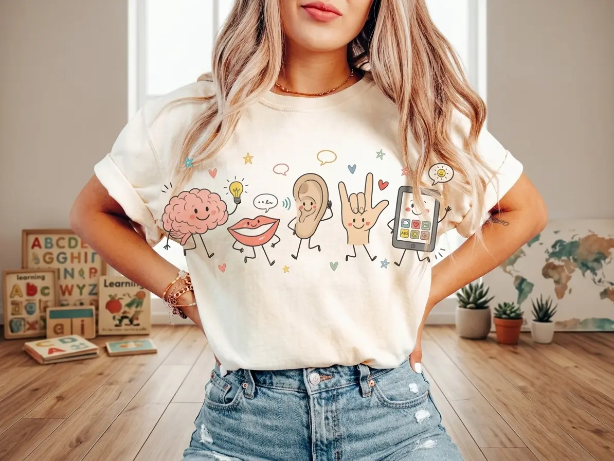 Speech Therapy T-Shirt, Every Voice Matters Shirt, SLP Doodle Characters, AAC Device, Speech Therapist