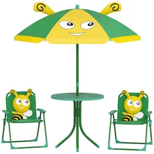 Picnic Table & Chairs Set – Green. For Ages 3-6. Foldable Chairs + Table + Height Adjustable Umbrella (33.75"-48"). Fabric Backrest + Armrests. Bayonet Locks