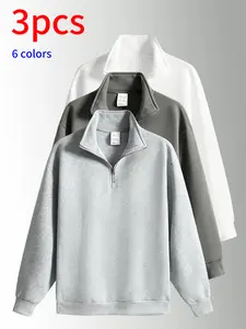 3-pack men’s stand-collar sweatshirts, men’s sweatshirts. Loose fit, half-zip stand collar design, soft, comfortable, skin-friendly fabric, minimalist solid color design, available in multiple colors, suitable for daily commuting, school, shopping, sports