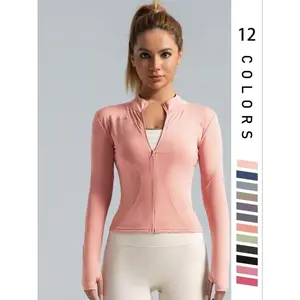 Women's Solid Zip Up Thumb Hole Sports Outwear, Quick Drying Breathable Long Sleeve Sports Top, Ladies Sportswear for Indoor Outdoor Wear, Sports Yoga Jacket