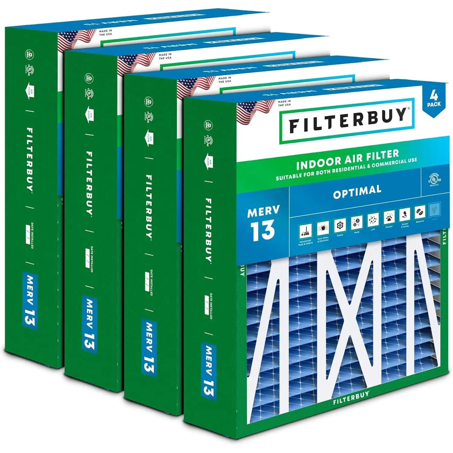 Filterbuy 20x23x5 Air Filter (4-Pack), Pleated MERV 13 Optimal Defense HVAC AC Furnace Air Filters for Bryant, Carrier, BDP, Day & Night, and Payne