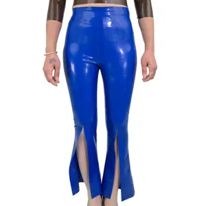Slit Trousers Flared Latex Trousers in Vibrant Blue for Bold Fashion Statements Minimalist Womenswear with Unique Slit Design