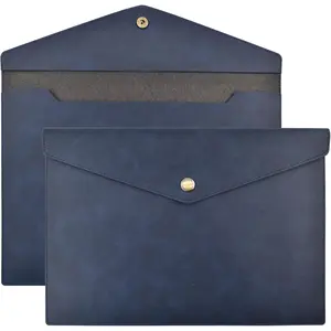 1 Piece PU Leather File Folders A4 Document Holder File Envelope Waterproof Portfolio Filing File Organizer for Letter Size with Snap Button Closure (Navy Blue)