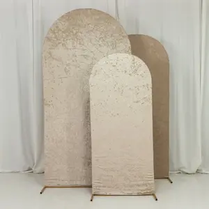 Set of 3 Beige Crushed Velvet Chiara Wedding Arch Covers For Round Top Backdrop Stands 5ft, 6ft, 7ft