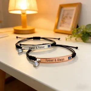 2pcs Magnetic Connection Couple Bracelets, Adjustable Braided Rope with "Forever & Always" Engraving Gift Set