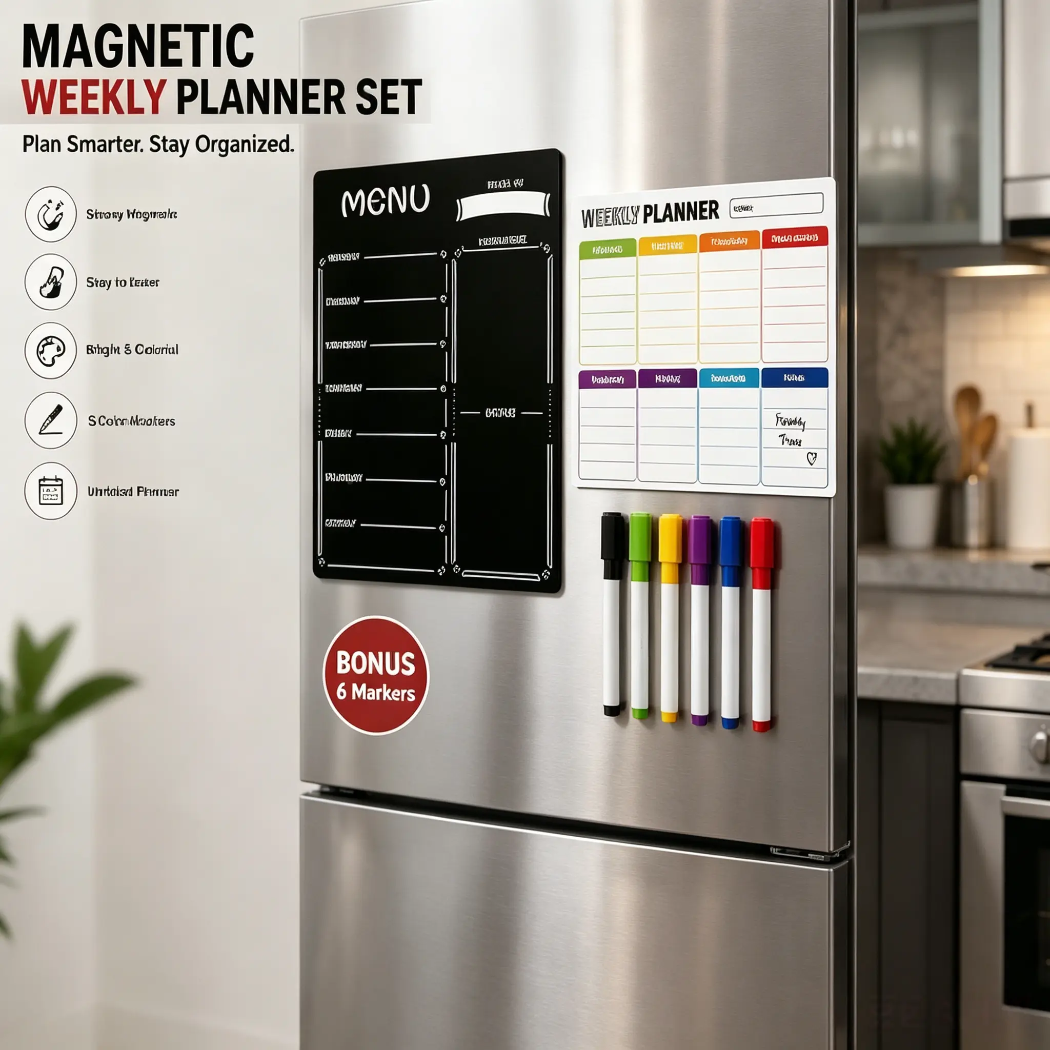 Magnetic Weekly Planner Whiteboard + Black Weekly Menu Planner for Fridge, Reusable Dry Erase Grocery List Meal Planning Board with Assorted Color Dry Erase Markers, Family Household Weekly Schedule Organizer