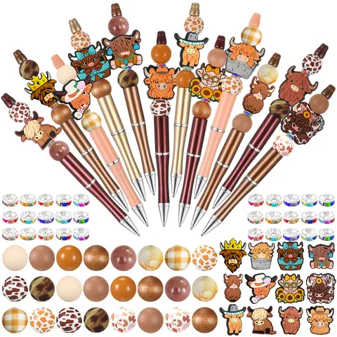 12-Set Beadable Assorted Bead Pens Kit with Wood Spacers, Crystal Round Spacers, Black Ink DIY Ball Tip, Aesthetic Pens & Refills, Stationery Writing Tools, Personalized Office Supply Gift