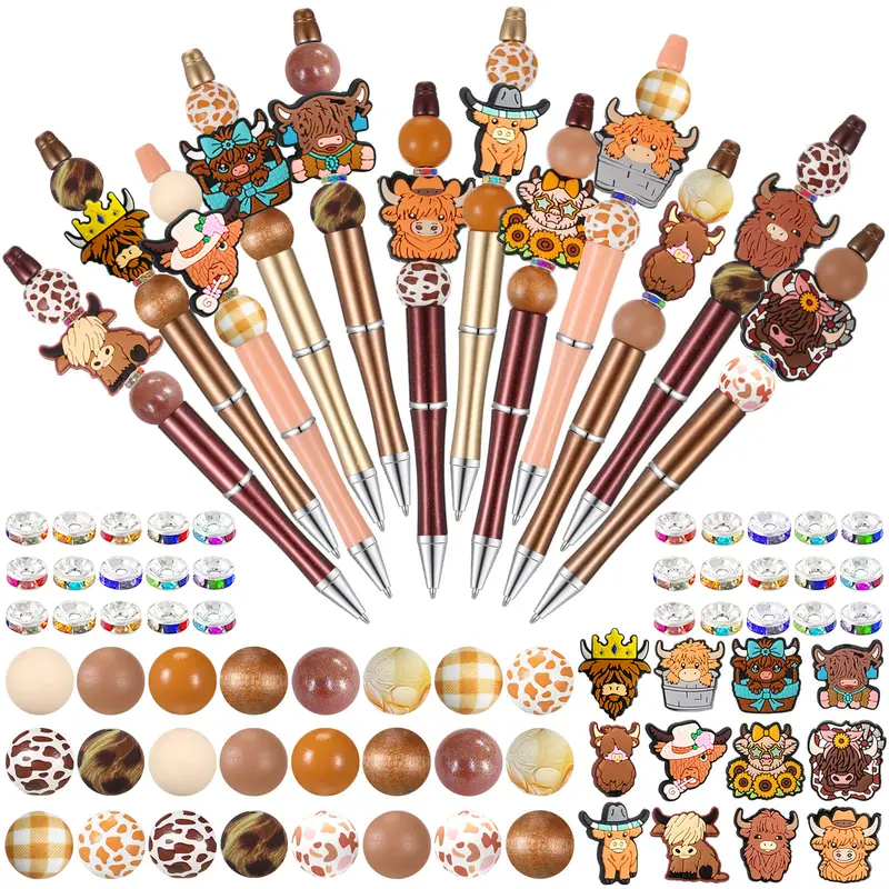 12-Set Beadable Assorted Bead Pens Kit with Wood Spacers, Crystal Round Spacers, Black Ink DIY Ball Tip, Aesthetic Pens & Refills, Stationery Writing Tools, Personalized Office Supply Gift