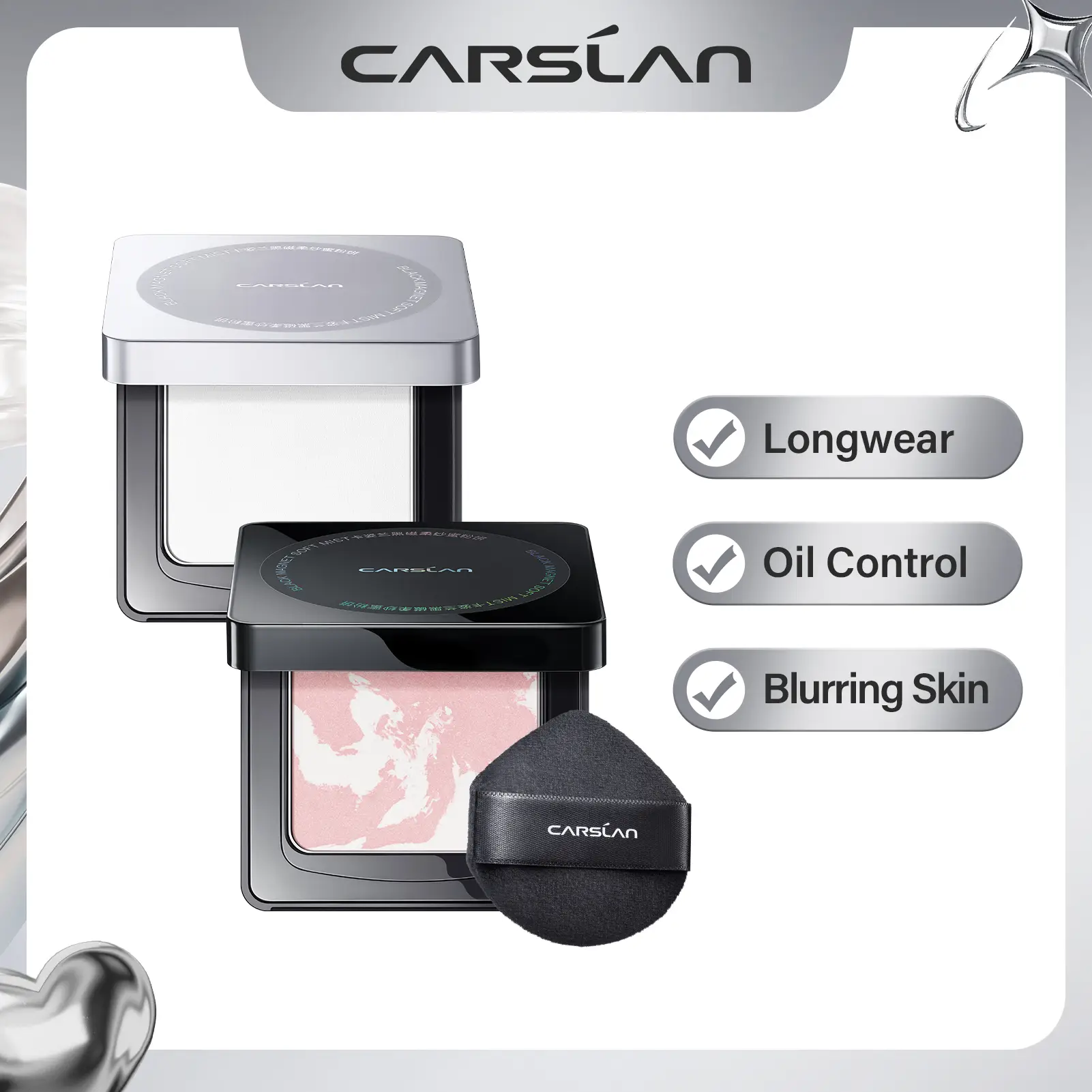 CARSLAN Black Magnet Pressed Setting Powder, 24H Longlasting Oil Control Translucent Powder, Poreless, Waterproof, Lightweight, No Caking, Talc Free