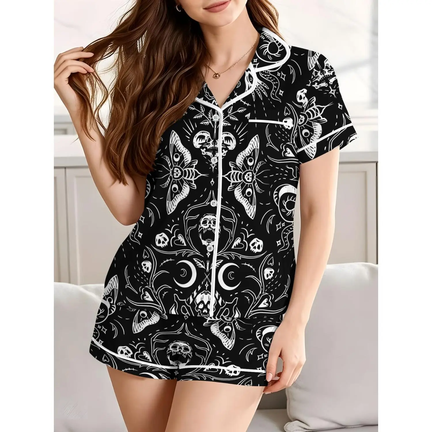 Gothic Skull Moth & Snake Print Women's Lapel Pajama Set - Comfortable 2-Piece Short Sleeve Loungewear