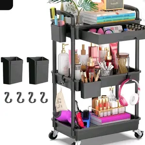 3-Tier Rolling Utility Cart with Storage Bins and Hooks for Organization and Convenience