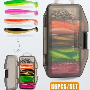 66PCS Paddle Tail Soft Fishing Lure Kit, Complete Soft Plastic Bait Set with Offset Worm Hooks & Portable Tackle Box, Multi-Color Artificial Baits for Bass, Trout, Freshwater & Saltwater Fishing, Saltwater Fishing Lures