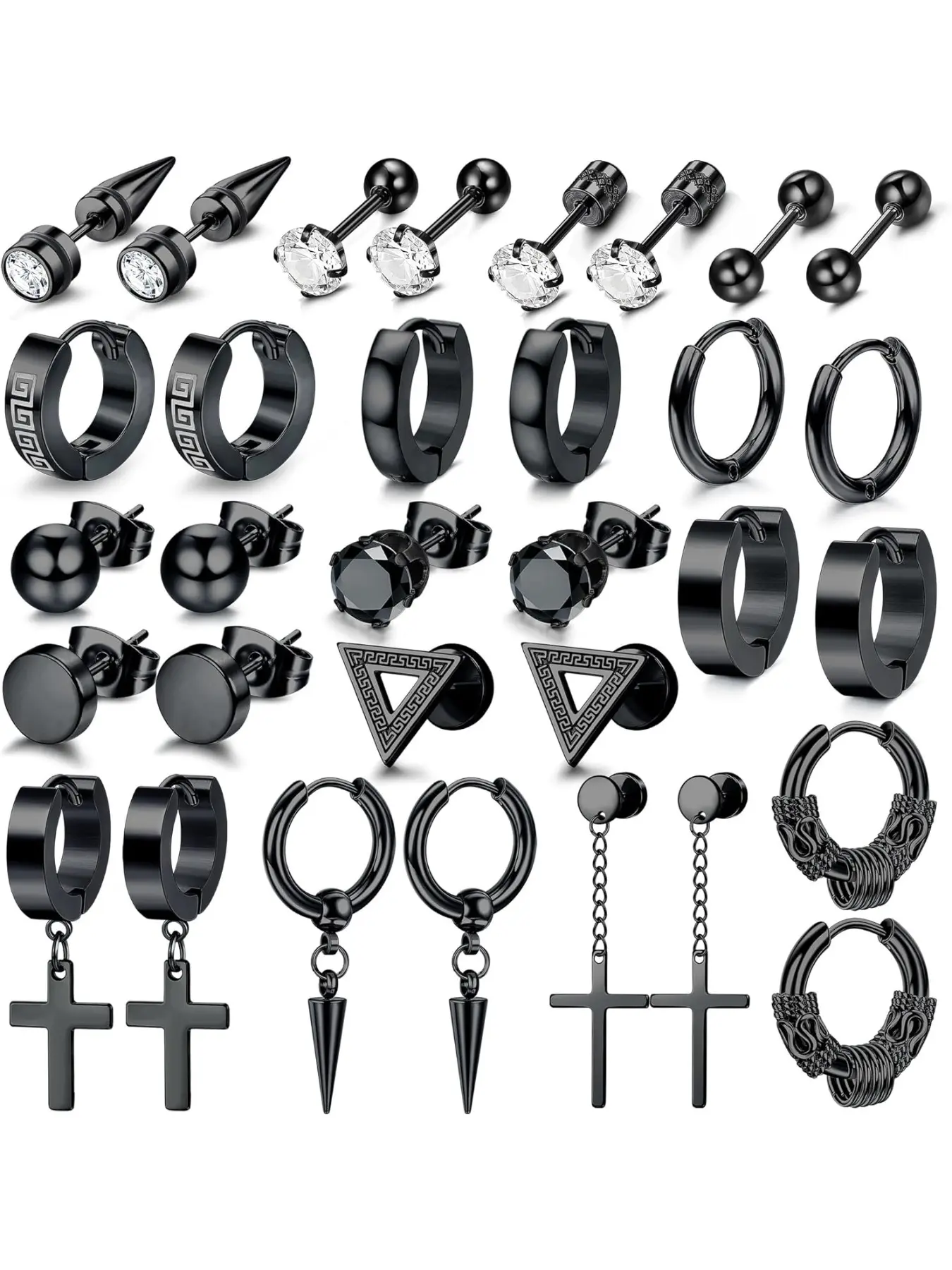 16 Pairs Black Earrings, Punk Style Earrings, Gothic Earrings Hip Hop Vampire Halloween Party,Y2K Punk Earrings,Studded Cross Earrings,Cross Dangle Hoop Earrings Stud Set, Earring Stacking Set, Stainless Steel Hypoallergenic Earring For Men Women Unisex