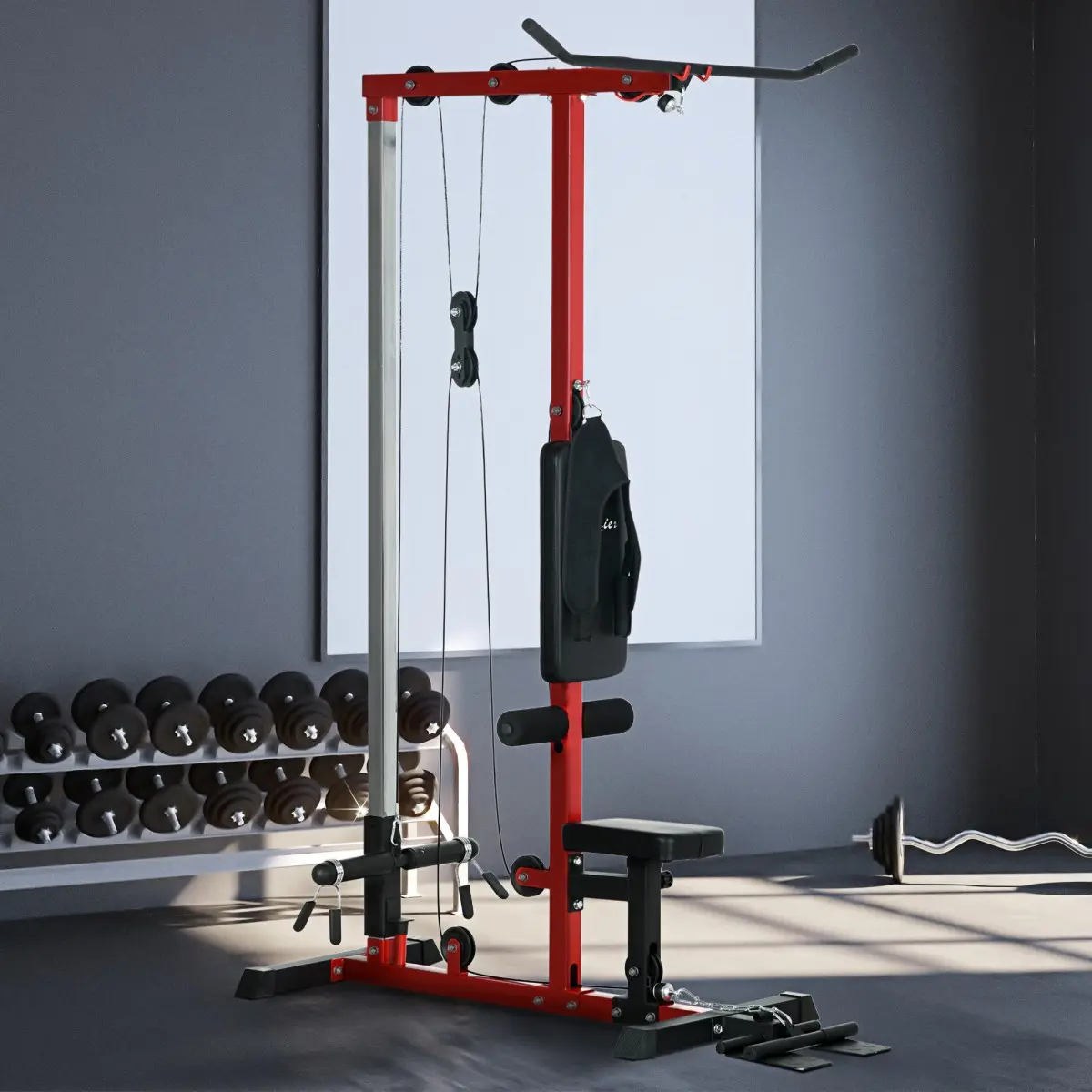 Fahuac LAT Pulldown and Low Row Machine, Compact Steel Equipment with High-Low Pulleys, 4-Level Adjustable Seat & Flip-Up Footplate
