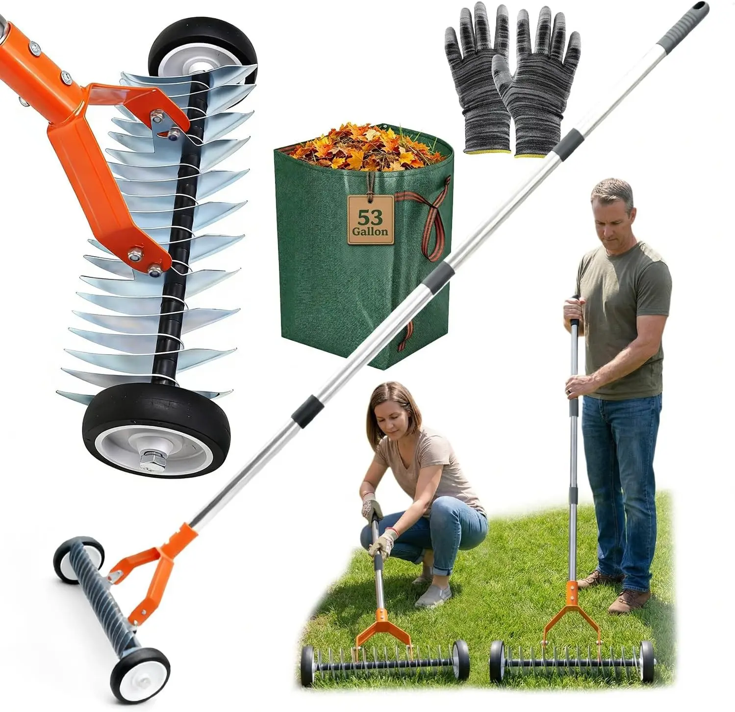 Wheeled Dethatching Rake for Lawn - 15" Heavy Duty Stainless Steel | Thatch Rake with Adjustable Long Handle 35"-67", Manual Thatcher for Dead Grass and Soil Loosening (Orange)