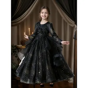 Elegant Gothic Girls' Dark Witch Princess Halloween Dress |         Long Sleeve Sparkling Starry Night Print A-Line Gown with Flowing Net Skirt for Halloween Parties & Year-Round Formal Events, Yearround Outfit, Decorative Sequins