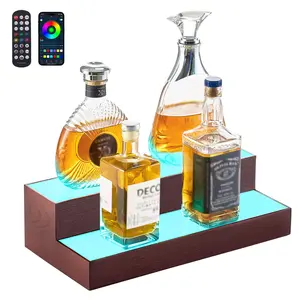 VEVOR 2-Tier 16-Inch LED Lighted Liquor Bottle Display, Acrylic+Wood Whiskey Rack, USB-Supported Illuminated Home Bar Shelf with RF Remote & App Control, 7 Static Colors, Holds 8 Bottles, Two-Tier
