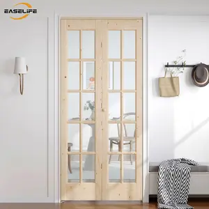 Easelife Interior Bi-Fold French Door – 10 Clear Glass Panels, Natural Wood Frame, Easy Install with Hardware