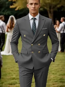 Men's double-breasted business suit, high-end and fashionable premium evening dress, groom and best man wedding dress suit, formal social occasion suit, Male professional commuting wear Blazer+ trousers, Fitted