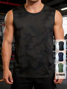 Men's Summer Regular Fit Sports Vest, Outdoor Quick-Dry Running Fitness Sleeveless T-Shirt, Camouflage Style Casual Top