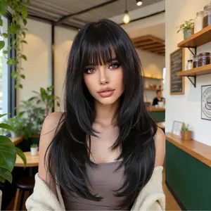 【New arrival】20" Black Wig with Bangs Long Haired Wig for Women Synthetic Layered Cut Wig Wavy for Daily Party Use