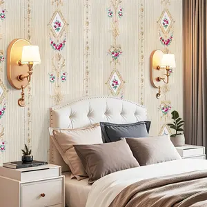French Floral Striped Self-Adhesive Wallpaper Roll, Faux Wood Stripe Wall Sticker, Oilproof and Dirt Resistant, Home Decor for Dining Room Living Room Bedroom